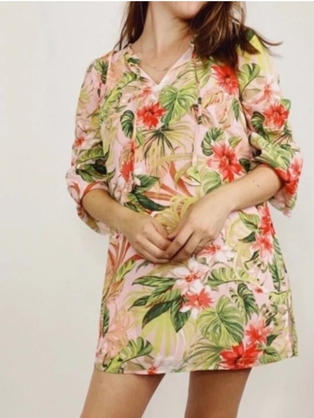 NWT J. Jill Tropical Print Pink Tunic Dress Large Hawaiian Floral